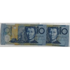AUSTRALIA 1993 . TEN 10 DOLLAR BANKNOTES . CONSECUTIVE PAIR . ERROR . INK TRANSFER